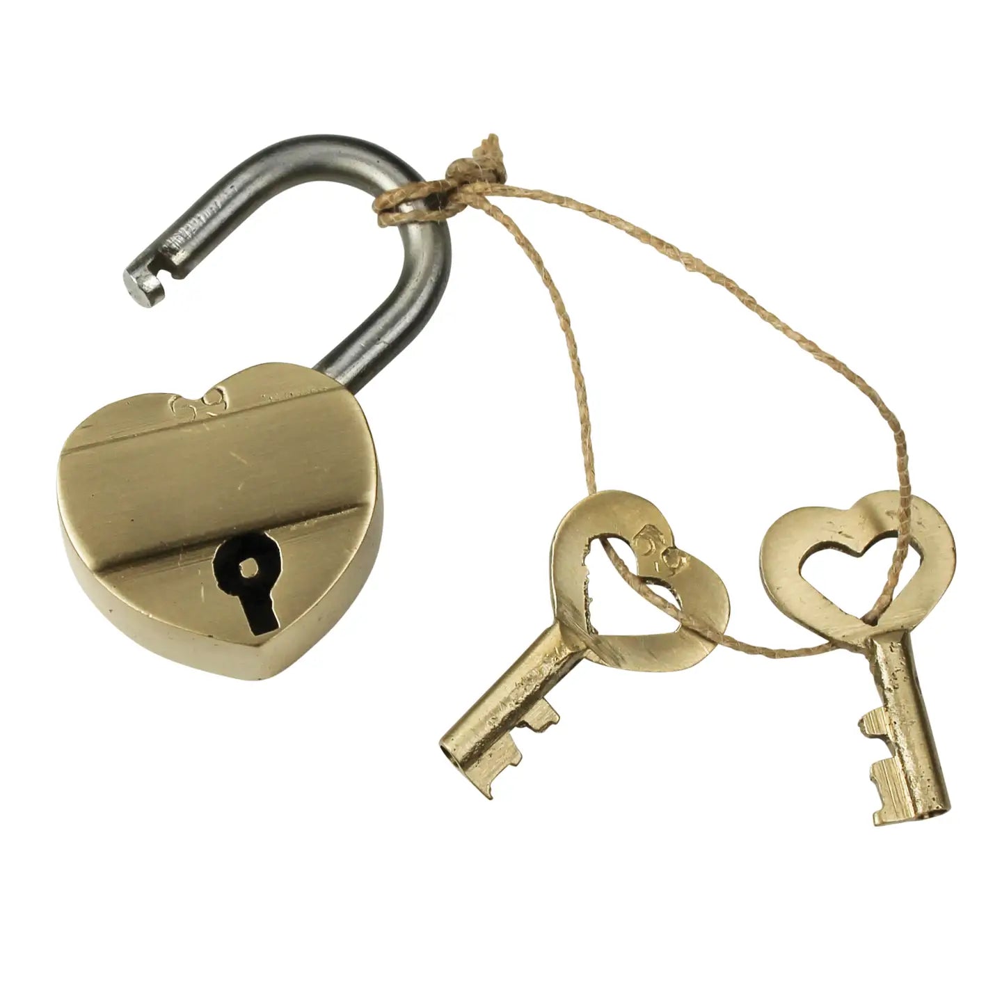 The Heart Lock Brass by HomArt is a heart-shaped golden padlock made from solid brass with a matching keyhole. It comes with two heart-shaped keys connected by string, ideal for wedding party favors, all displayed against a plain white background.