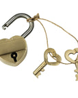 The Heart Lock Brass by HomArt is a heart-shaped golden padlock made from solid brass with a matching keyhole. It comes with two heart-shaped keys connected by string, ideal for wedding party favors, all displayed against a plain white background.