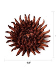 The Chocolate Mum by Chive Ceramics (thru Faire) is a dark brown, spiky round decor accent resembling ceramic flowers, measuring 4.8" tall and wide. Shown on a white background with measurement lines—perfect for home decoration.