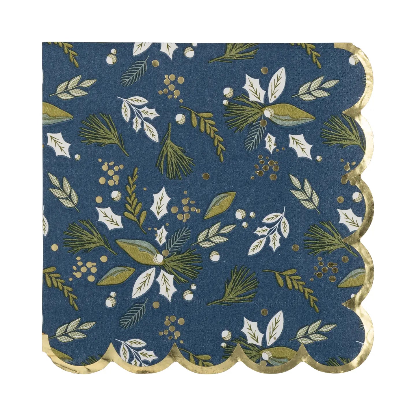 The MME Napkin by Faire is adorned with a blue background showcasing green and white leaves, pine branches, and small berries. It features scalloped edges trimmed in gold.