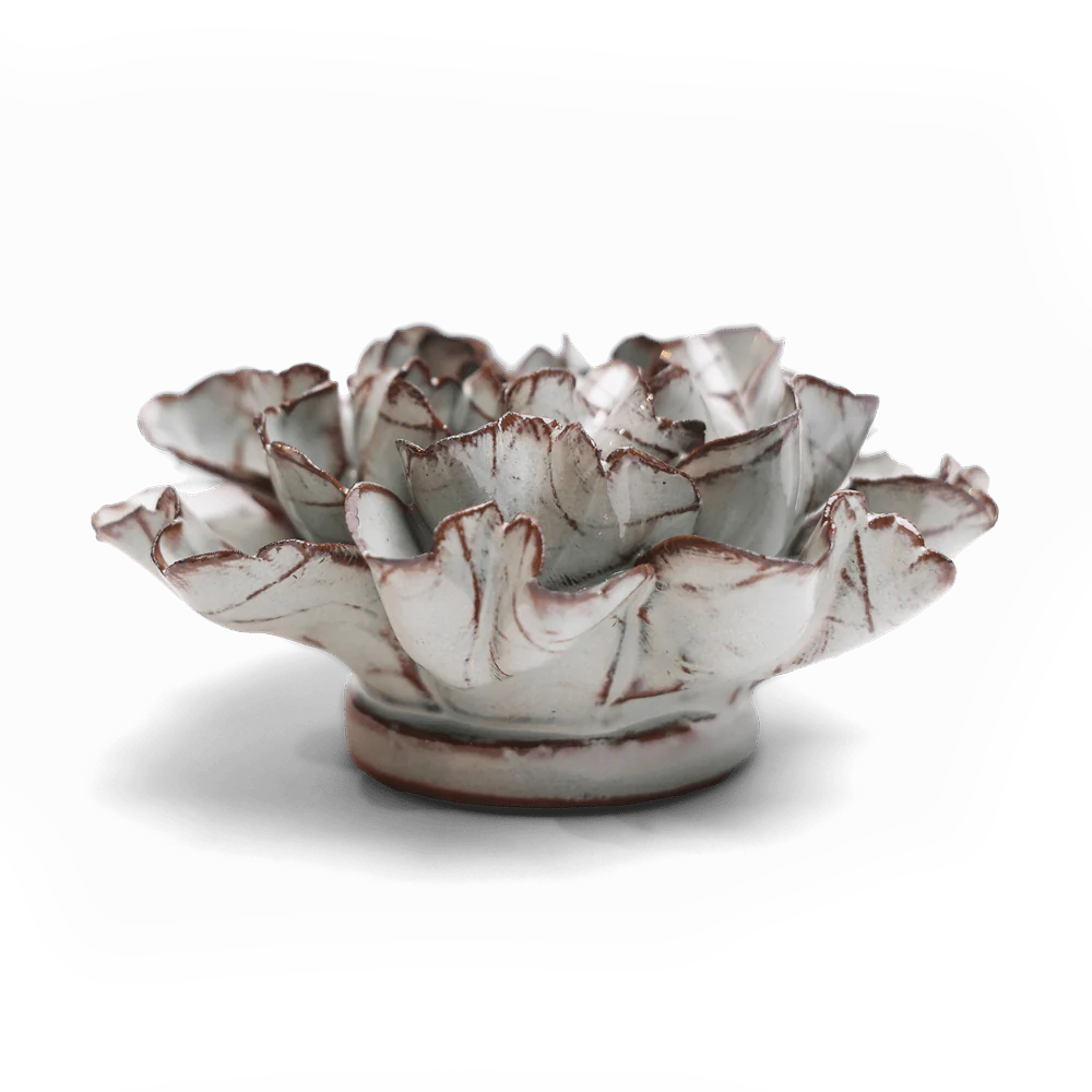 The Choco Mint Echo Lasianthus by Chive Ceramics (thru Faire) features delicate, layered petals with a white glaze and brown edges, creating striking modern wall art against a plain white background.