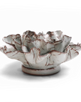 The Choco Mint Echo Lasianthus by Chive Ceramics (thru Faire) features delicate, layered petals with a white glaze and brown edges, creating striking modern wall art against a plain white background.