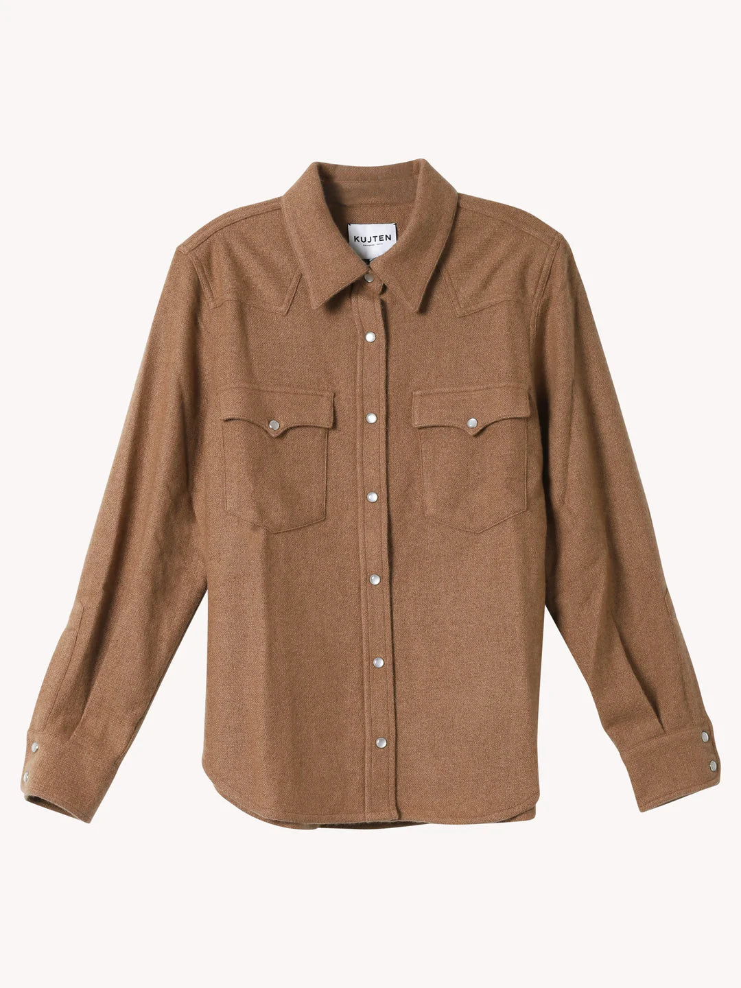 The BCS Group Lumber L/S Shirt is a brown, long-sleeve cashmere button-up with two chest pockets and a classic collar, true to size and shown on a white background.