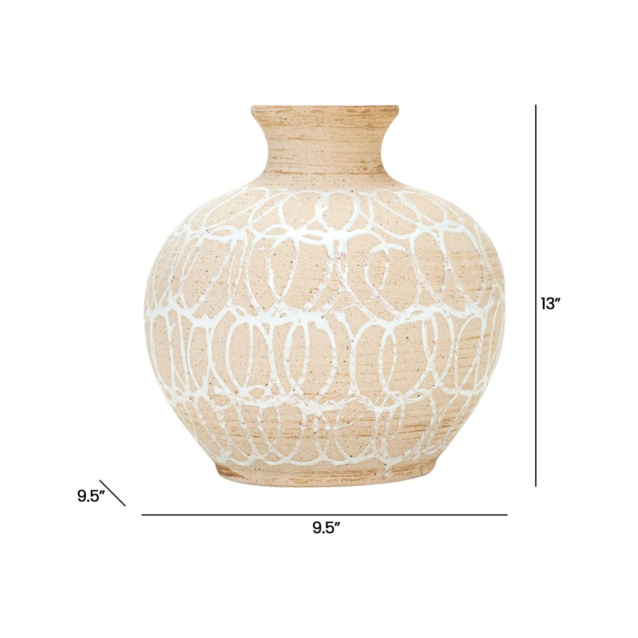 The Import Collection’s Presden Tall Vase is a round beige stoneware vessel with a narrow neck and white swirl pattern, ideal for modern decor. It measures 13" tall and 9.5" wide at the base and middle.