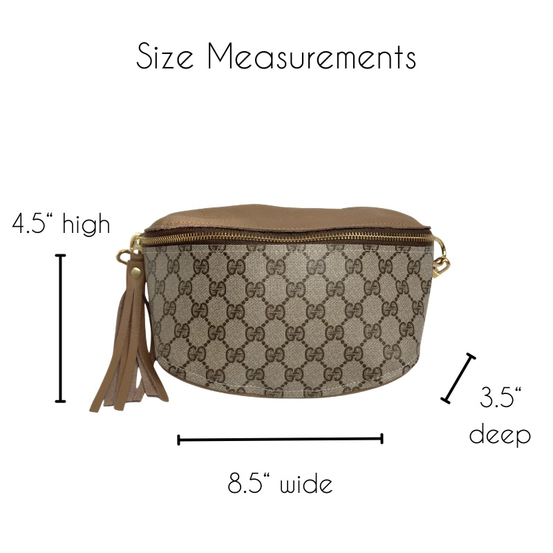 The Faire Britt Belt Bag in black leather is shown with labeled measurements: 4.5 inches high, 8.5 inches wide, and 3.5 inches deep. A tassel and gold hardware complete this sustainable luxury accessory.