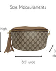 The Faire Britt Belt Bag in black leather is shown with labeled measurements: 4.5 inches high, 8.5 inches wide, and 3.5 inches deep. A tassel and gold hardware complete this sustainable luxury accessory.