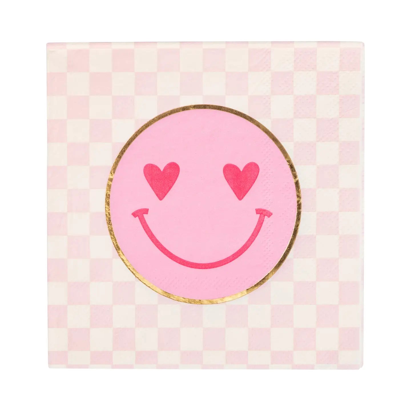 The My Mind's Eye Cocktail Paper Napkin features a pink and white checkered pattern with a pink smiley face with gold-outlined heart eyes—an ideal touch for your summer barbeque.