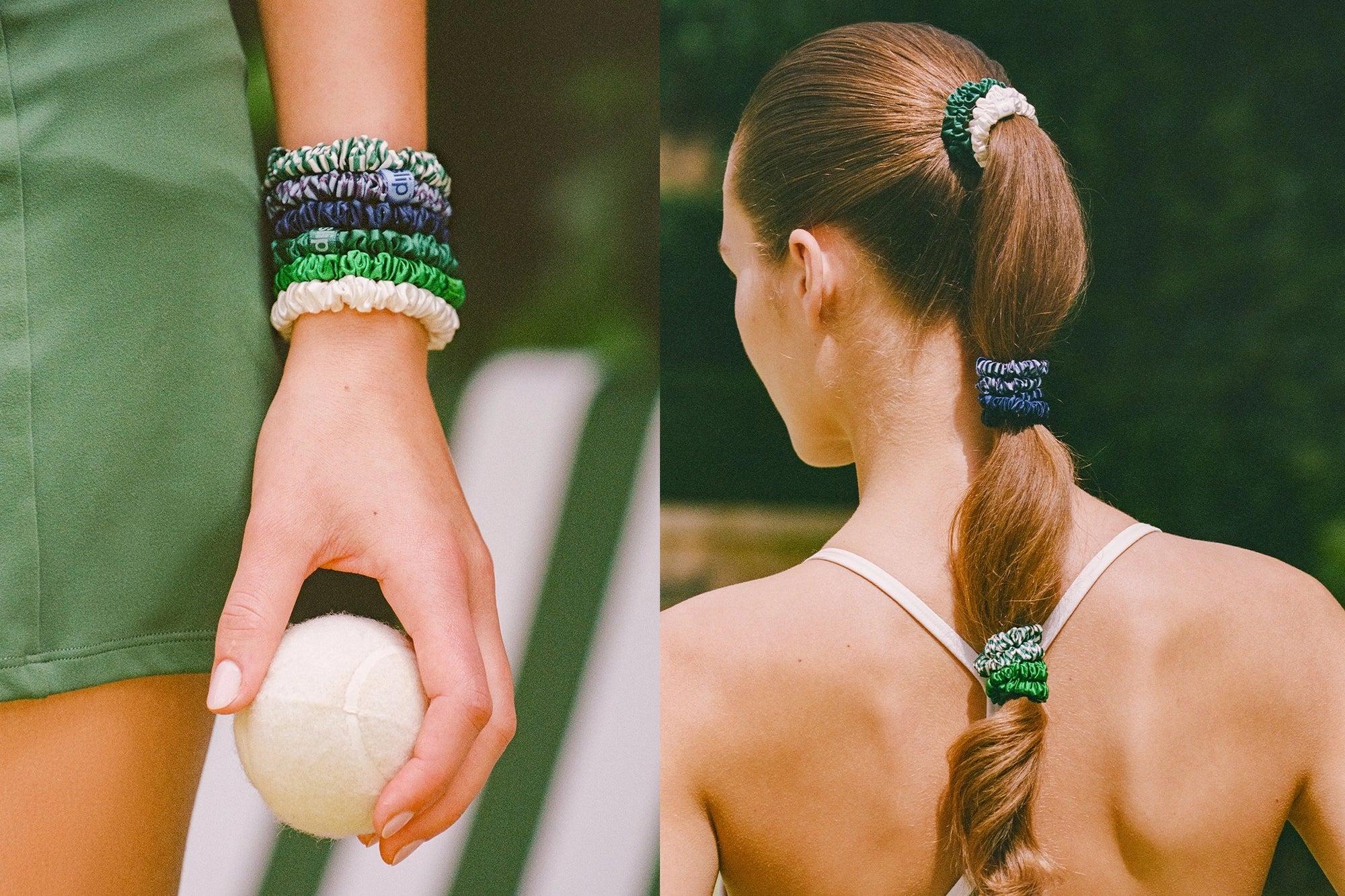 A woman wears Faire's Hair On Point Skinny Scrunchies w/ Pouch in green and blue on her wrist and in her ponytail braid while holding a tennis ball, dressed in green shorts and a white top, outdoors on a tennis court.