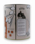 A cylindrical package labeled "Faire" showcases illustrations of olives and garlic. A small photo of a family is displayed on the side, accompanied by text highlighting the brand's dedication to using extra virgin olive oil for a natural flavor, attracting health-conscious customers in search of high-quality chips. The product is named "Litys Chips" weighing 9 oz.