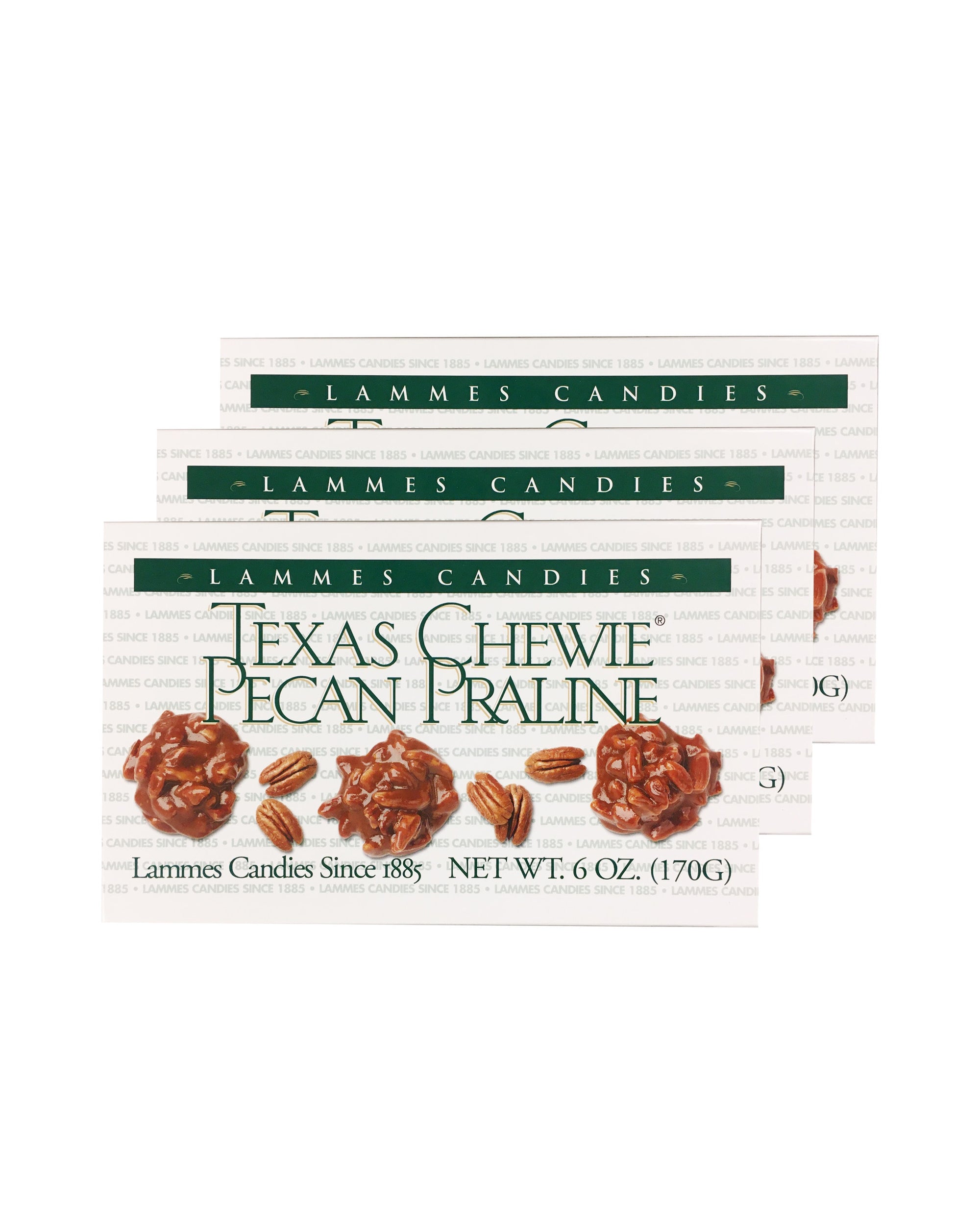 Three boxes of Faire LC Texas Chewie Pecan Pralines 6oz feature all-natural Texas pecan pralines, with packaging displaying caramel candy and pecans.