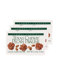 Three boxes of Faire LC Texas Chewie Pecan Pralines 6oz feature all-natural Texas pecan pralines, with packaging displaying caramel candy and pecans.