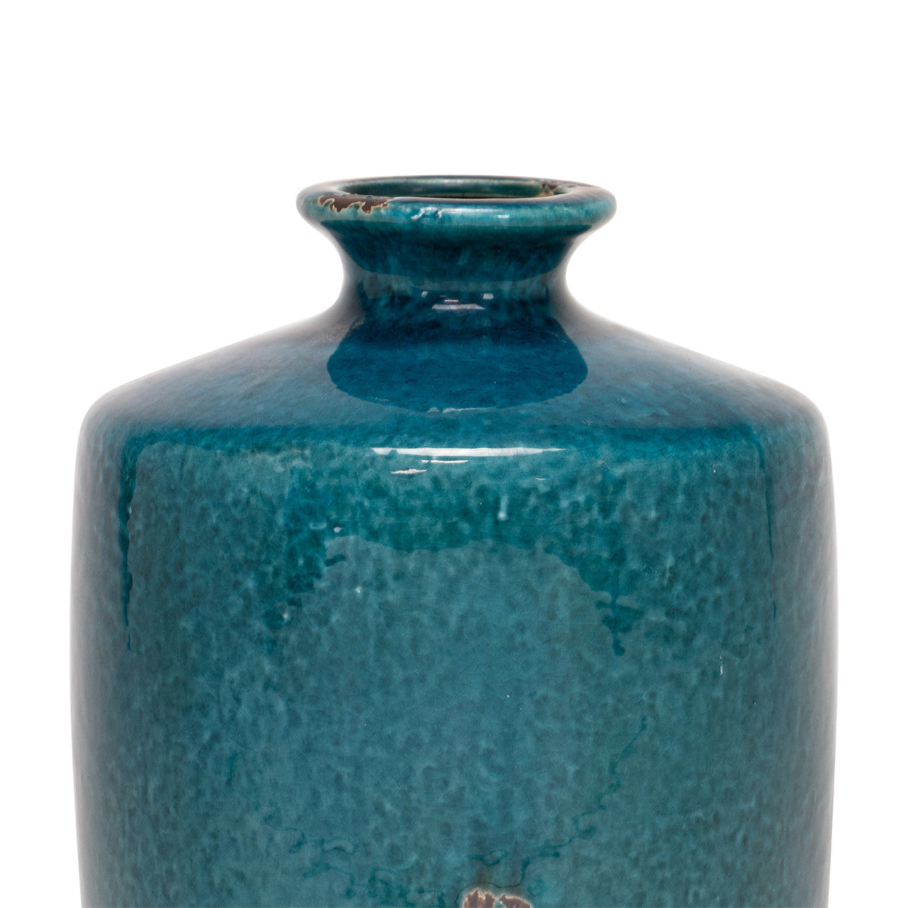 A close-up of the upper part of The Import Collection’s Newton Short Vase reveals its narrow neck and glossy turquoise glaze with rich texture and subtle color variations, set against a plain white background.