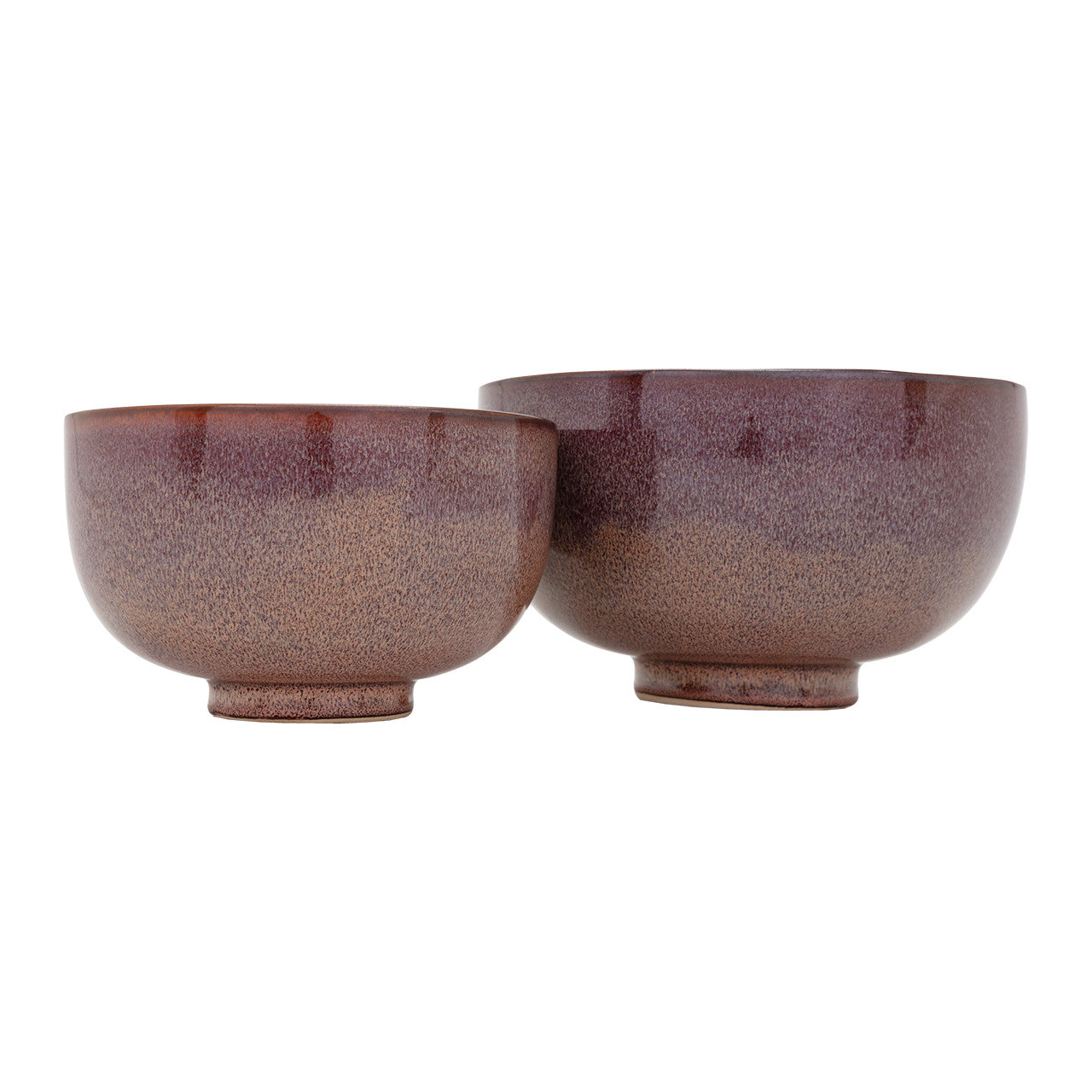Two Linden Bowls by The Import Collection, featuring a matte gradient brown glaze, are displayed side by side. Each round bowl has a small pedestal base and differs in size, making them ideal decorative accents for your home.
