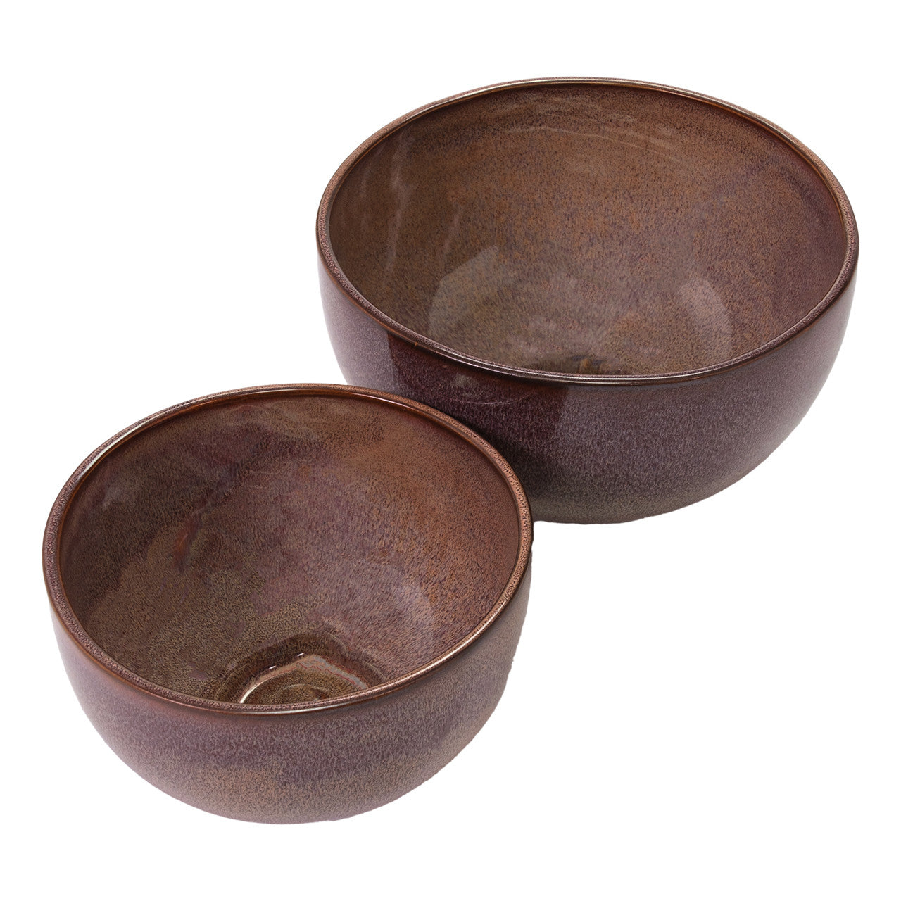 Two Linden Bowls by The Import Collection, featuring a brown glossy finish. The larger bowl is positioned behind the smaller, both set on a white background—ideal for adding style to your home decor.