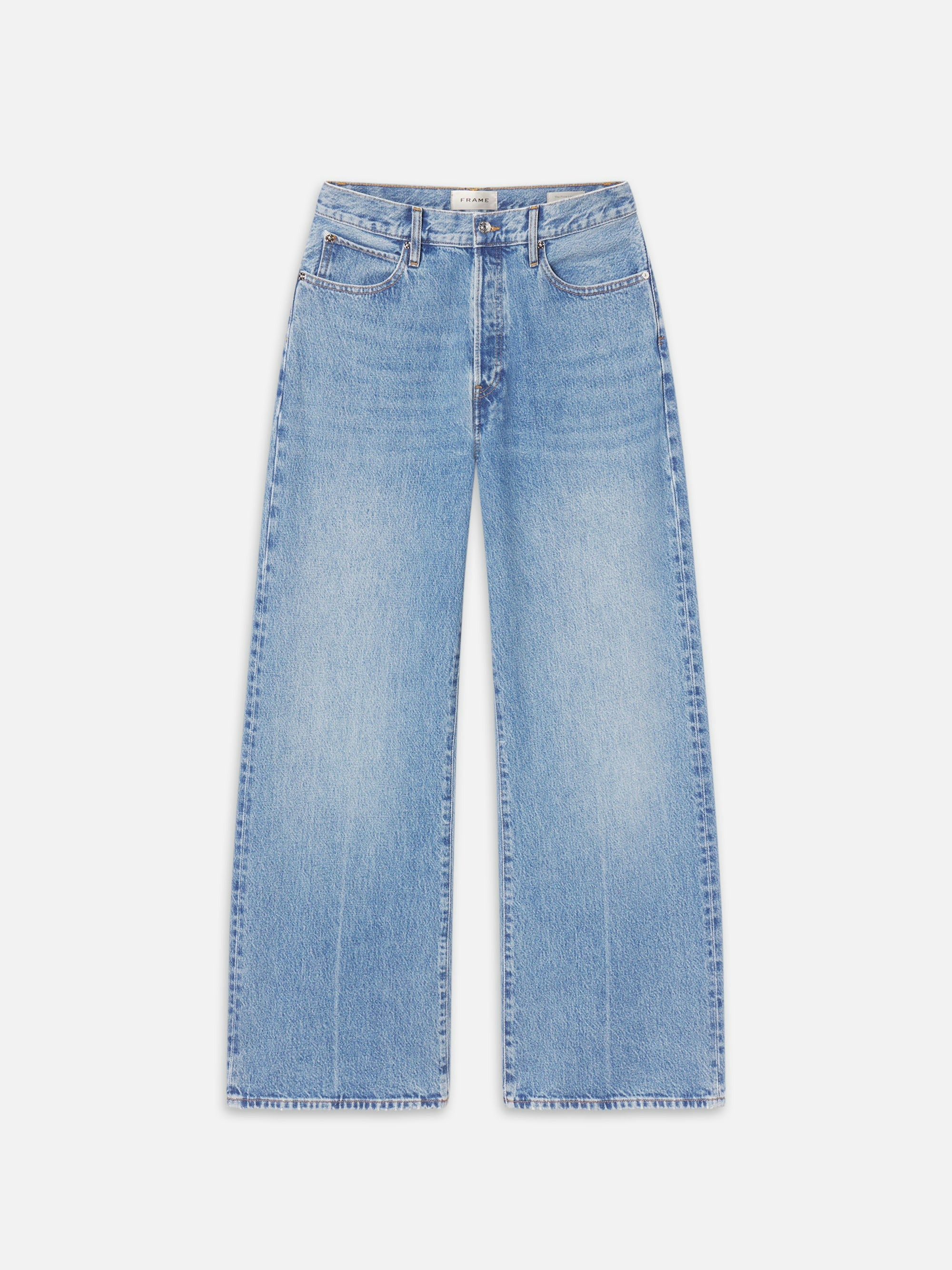 The FRAME Pixie Loose jeans are light blue, high-waisted, relaxed wide-leg jeans in rigid denim with classic five-pocket styling and a button fly, shown flat on a white background.