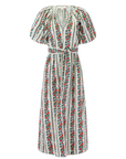 The Great Inc.'s Fairground Dress is a long, short-sleeve pullover with a V-neck, belted waist, and a floral pattern of vertical red and green stripes on white.