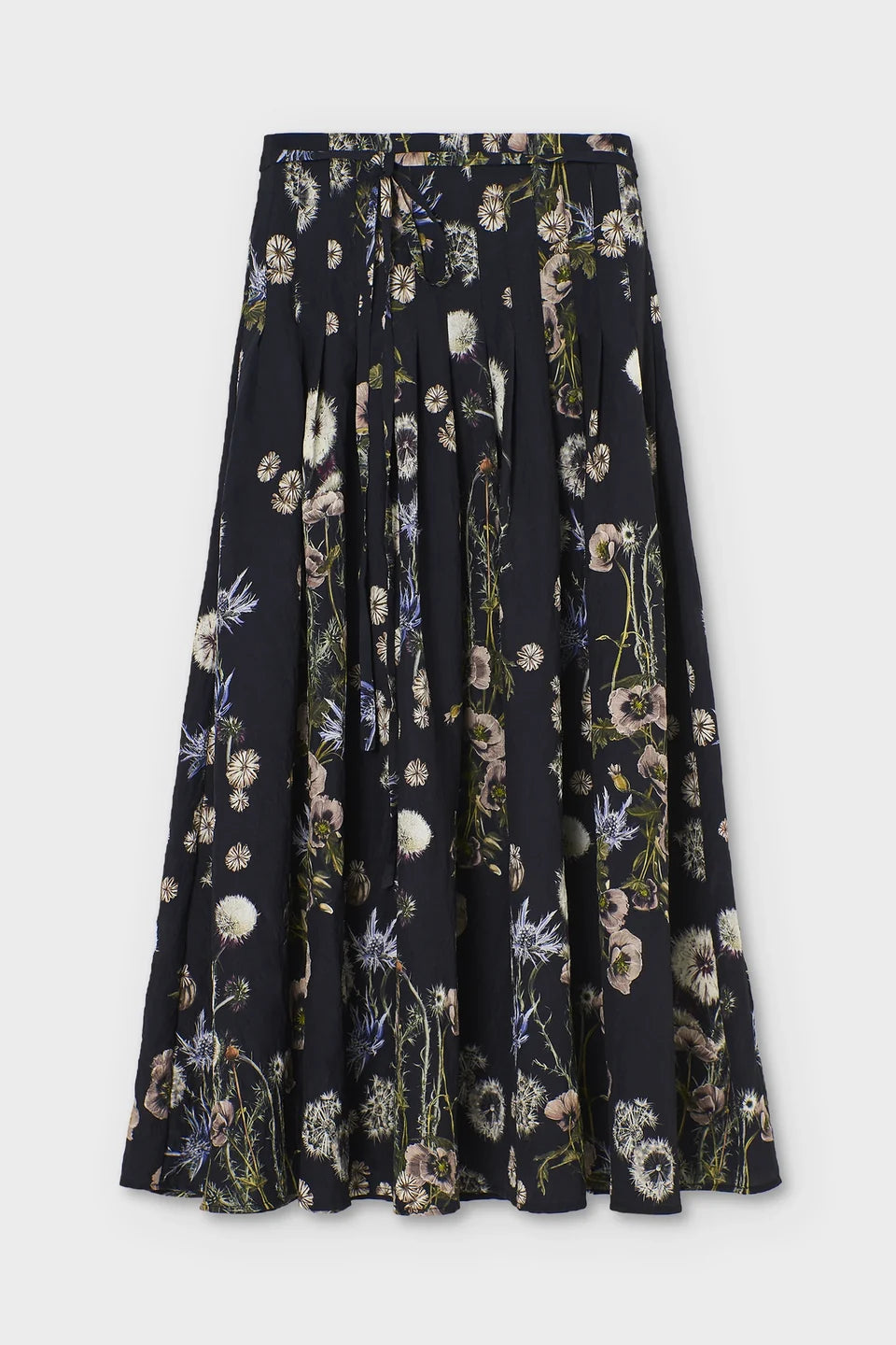 Black silk-blend skirt with white, purple, and green floral print by Psophia, flared hem, waistband detail.