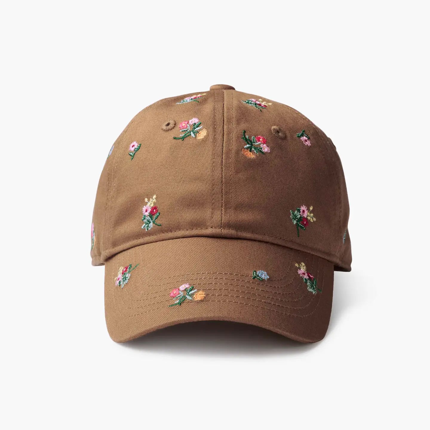 The Faire Ditsy Dahlia Baseball Cap features small, colorful embroidered flowers on a brown base with an adjustable strap—ideal for a Garden Party. Shown on a plain white background.
