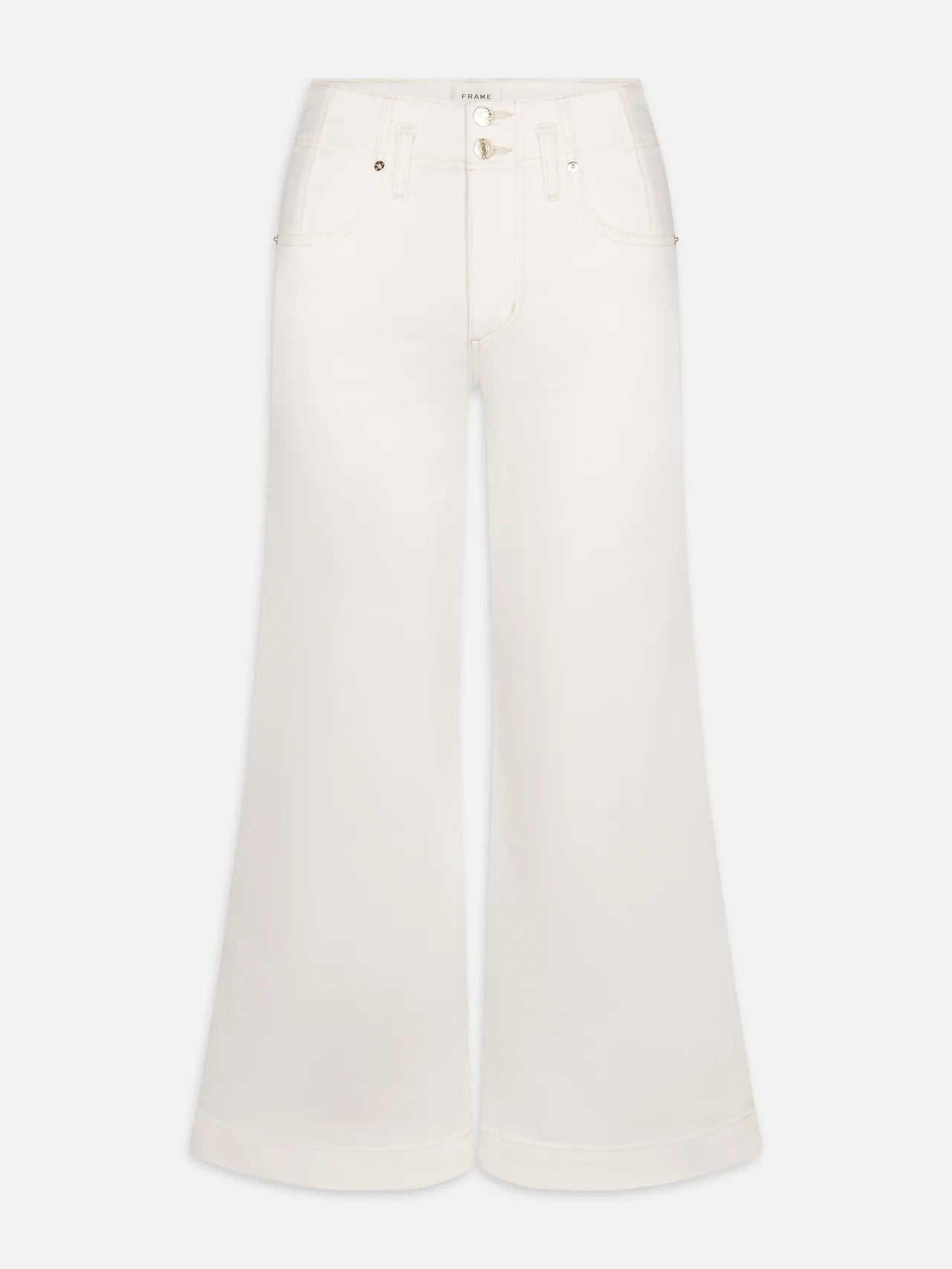 The FRAME Wide Leg Trouser Crop features a high-rise waist, wide-leg silhouette, super-stretch white denim, front pockets, belt loops, and a button-zip closure. Shown on a plain white background.