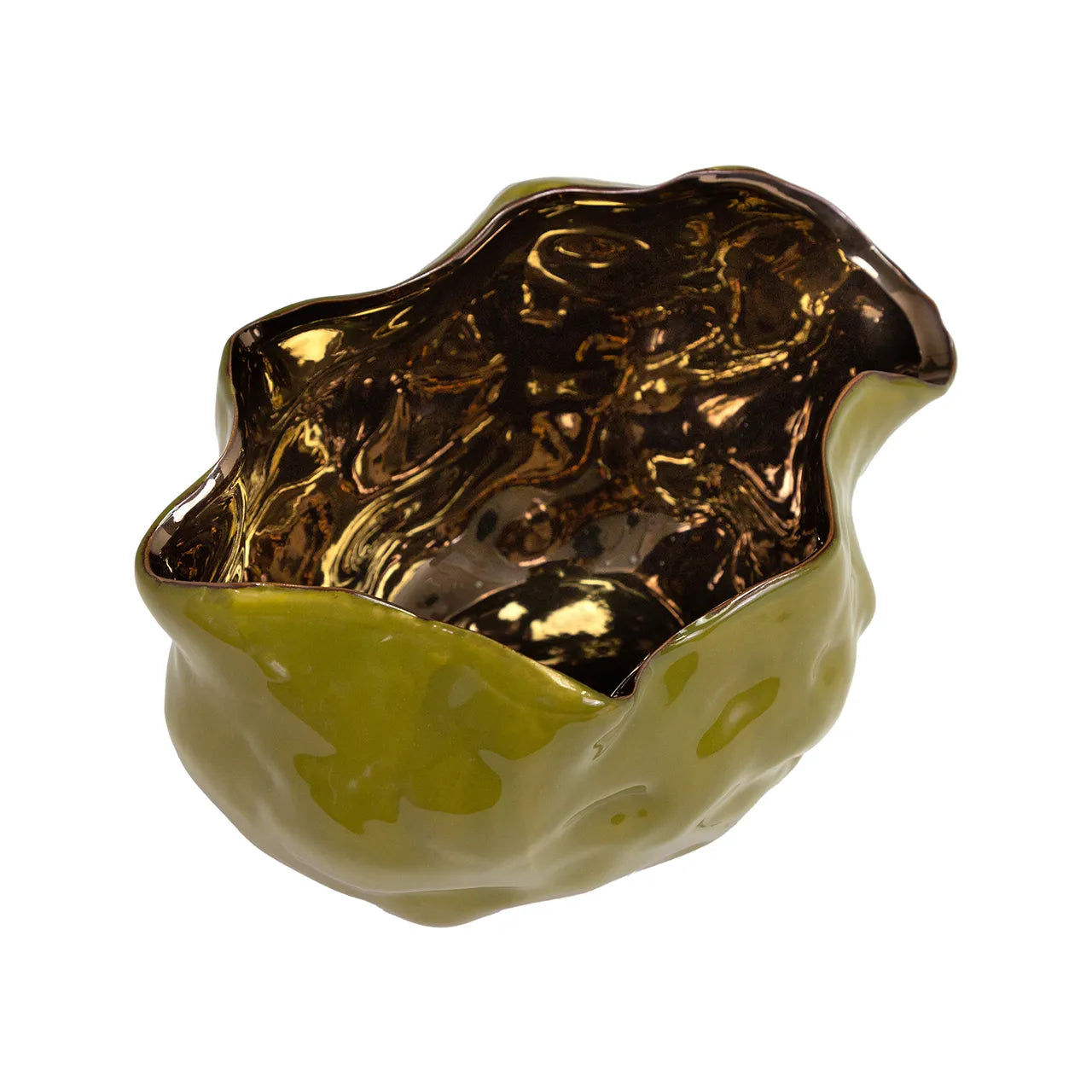 The Import Collection's Ava Bud Bowl features a sculptural, wavy design with a glossy olive green exterior and reflective gold interior—an elegant accent for modern interiors. Shown here against a white background.