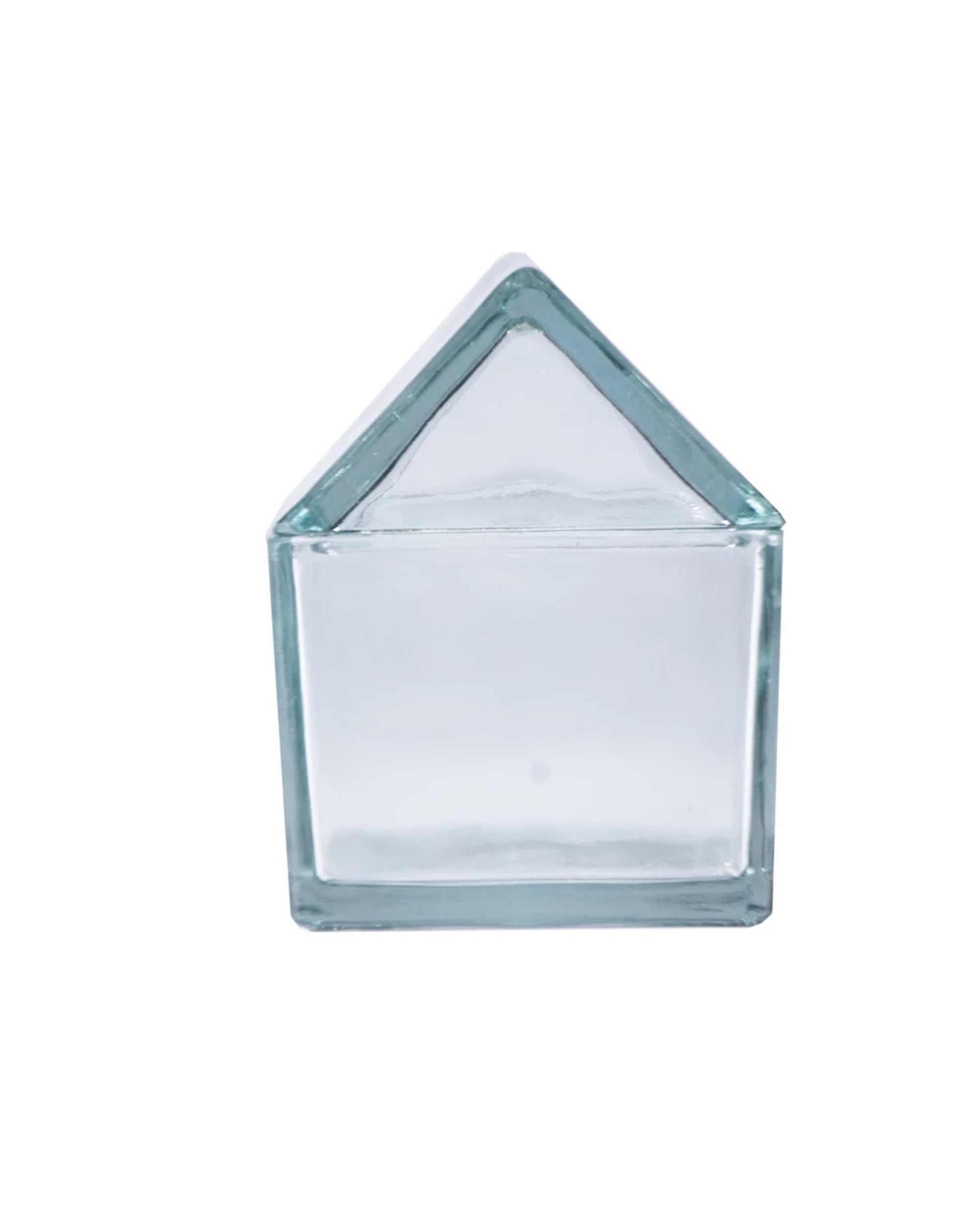 The Creative Co-op DG0273 Glass House Shaped Jar with Lid features a glass jar in a house shape, complete with rectangular base and triangular roof, shown against a white background.