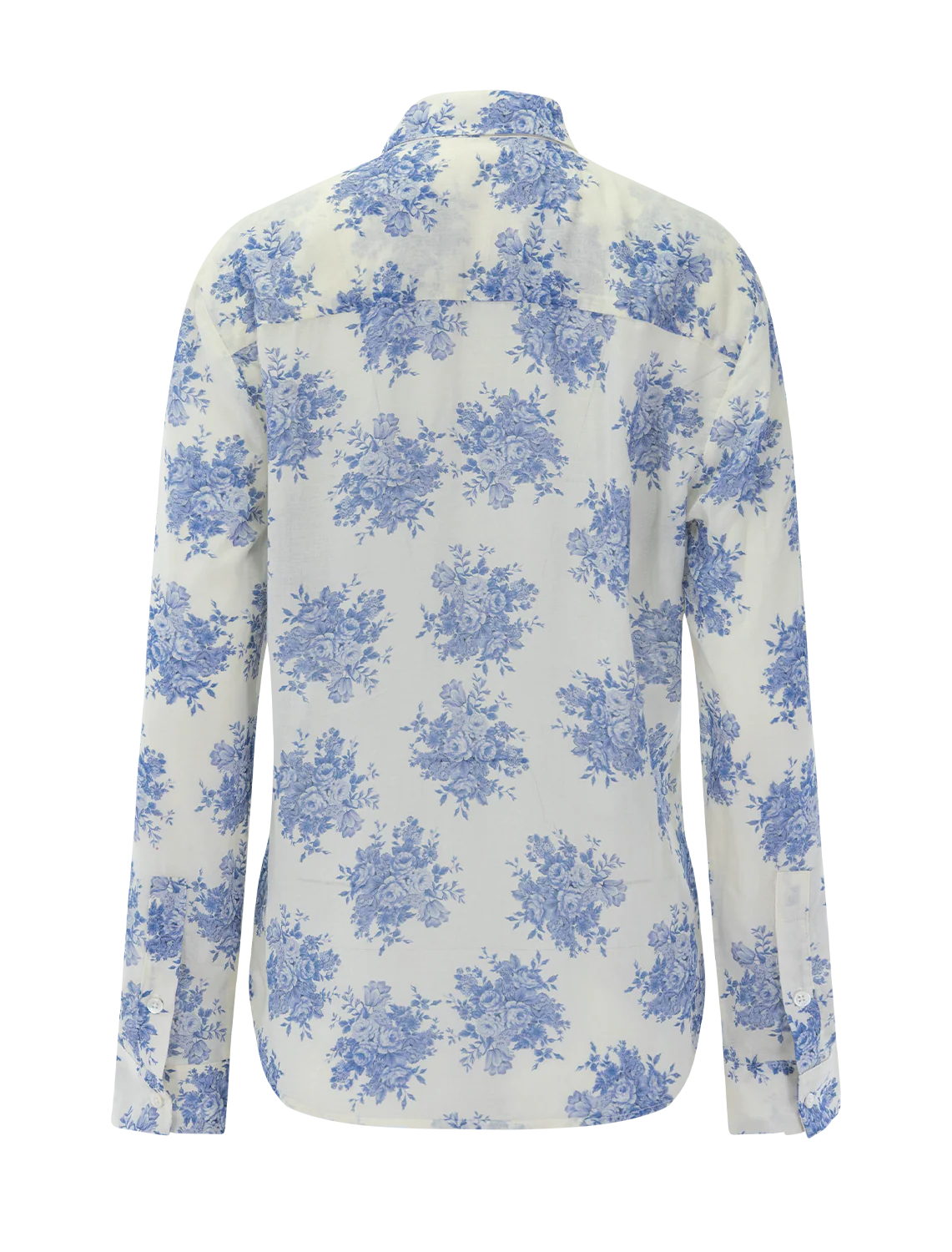 The Waterfall Shirt by Cissa is a long-sleeve, sheer cotton button-up with Trocas shell buttons, shown from the back in white with a blue floral print.