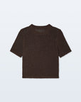 The Luxe Cotton T-shirt by White + Warren, a short-sleeve dark brown knit with a crew neckline in Italian organic cotton for a silky feel, is shown flat on a light gray background.