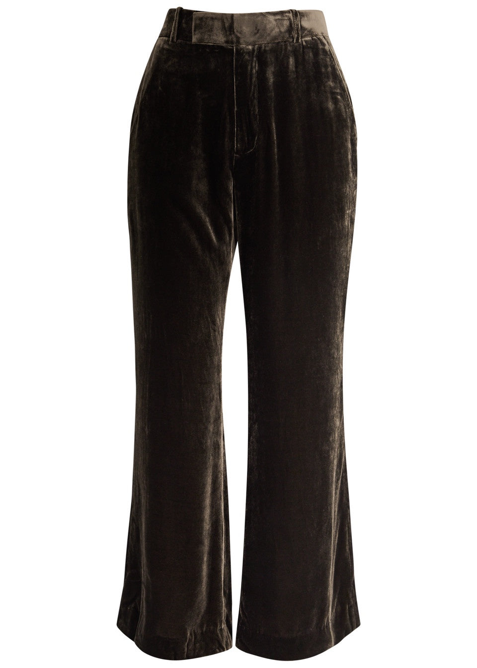 A pair of Crop Flare Velvet Trousers by FRAME in a dark brown color, displayed against a white background. These midweight trousers feature a high waist and a smooth texture.