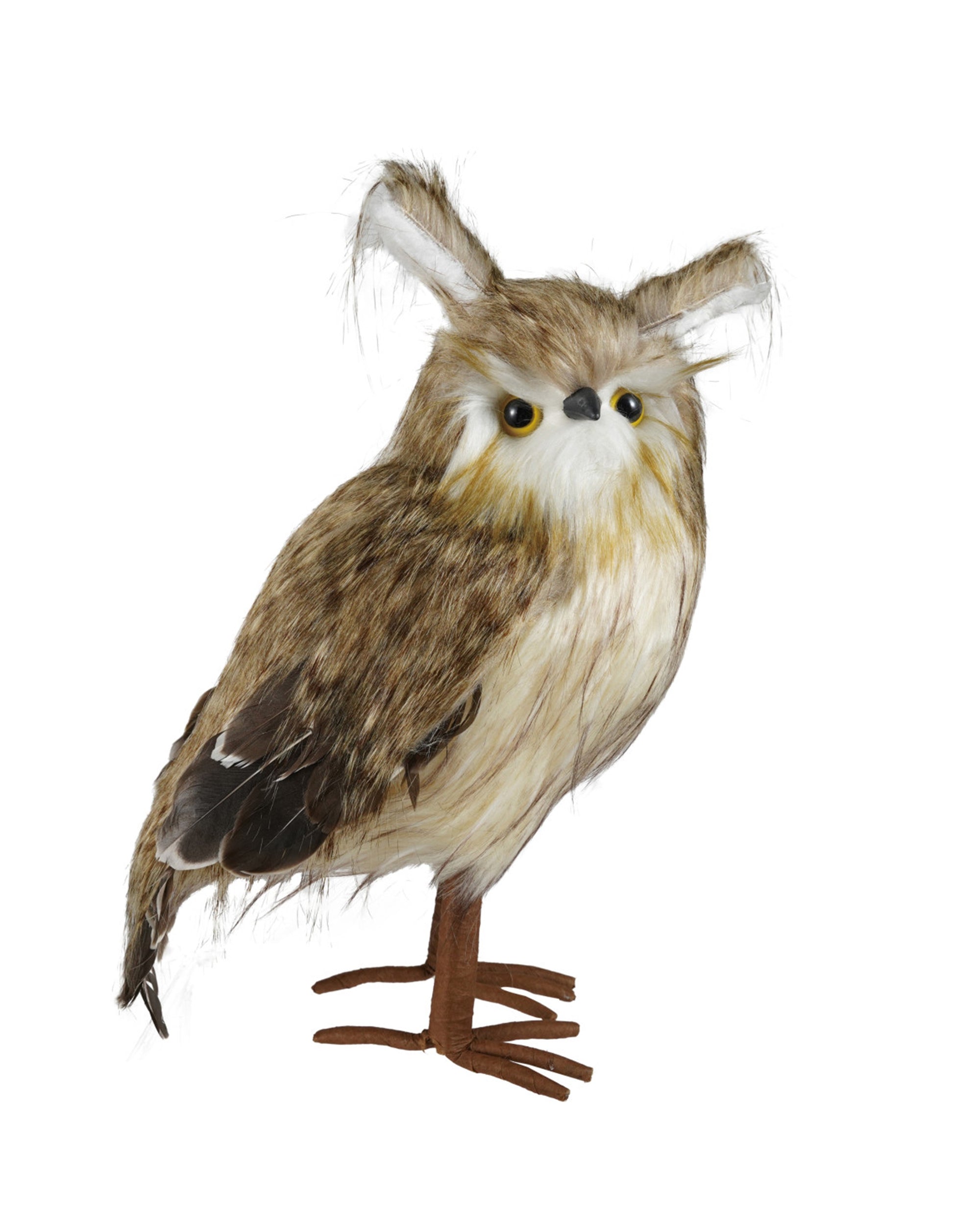 Brown and white owl plush toy with yellow eyes and tufted ears from Creative Co-op, perfect for woodland decor.