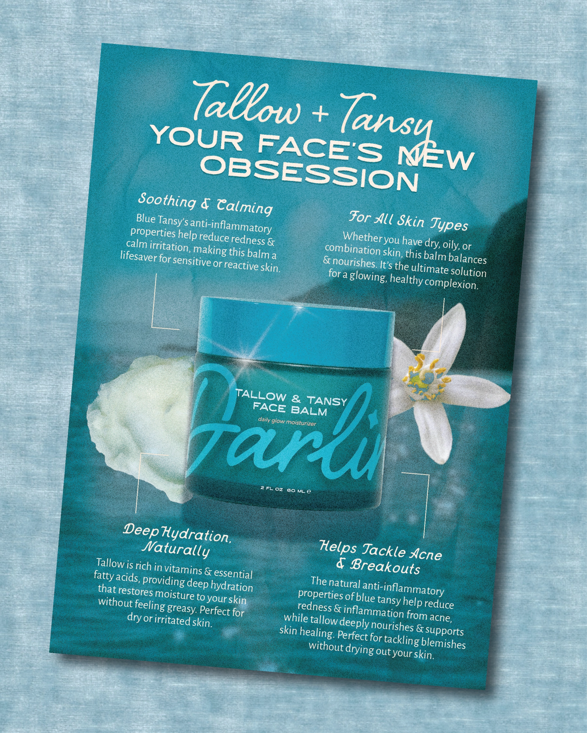 A promotional poster for Faire's Tallow Face Balm Moisturizer shows a blue jar amid white flowers, highlighting its grass-fed tallow formula, soothing hydration, support for acne-prone skin, and suitability for all skin types.