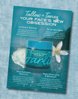 A promotional poster for Faire's Tallow Face Balm Moisturizer shows a blue jar amid white flowers, highlighting its grass-fed tallow formula, soothing hydration, support for acne-prone skin, and suitability for all skin types.