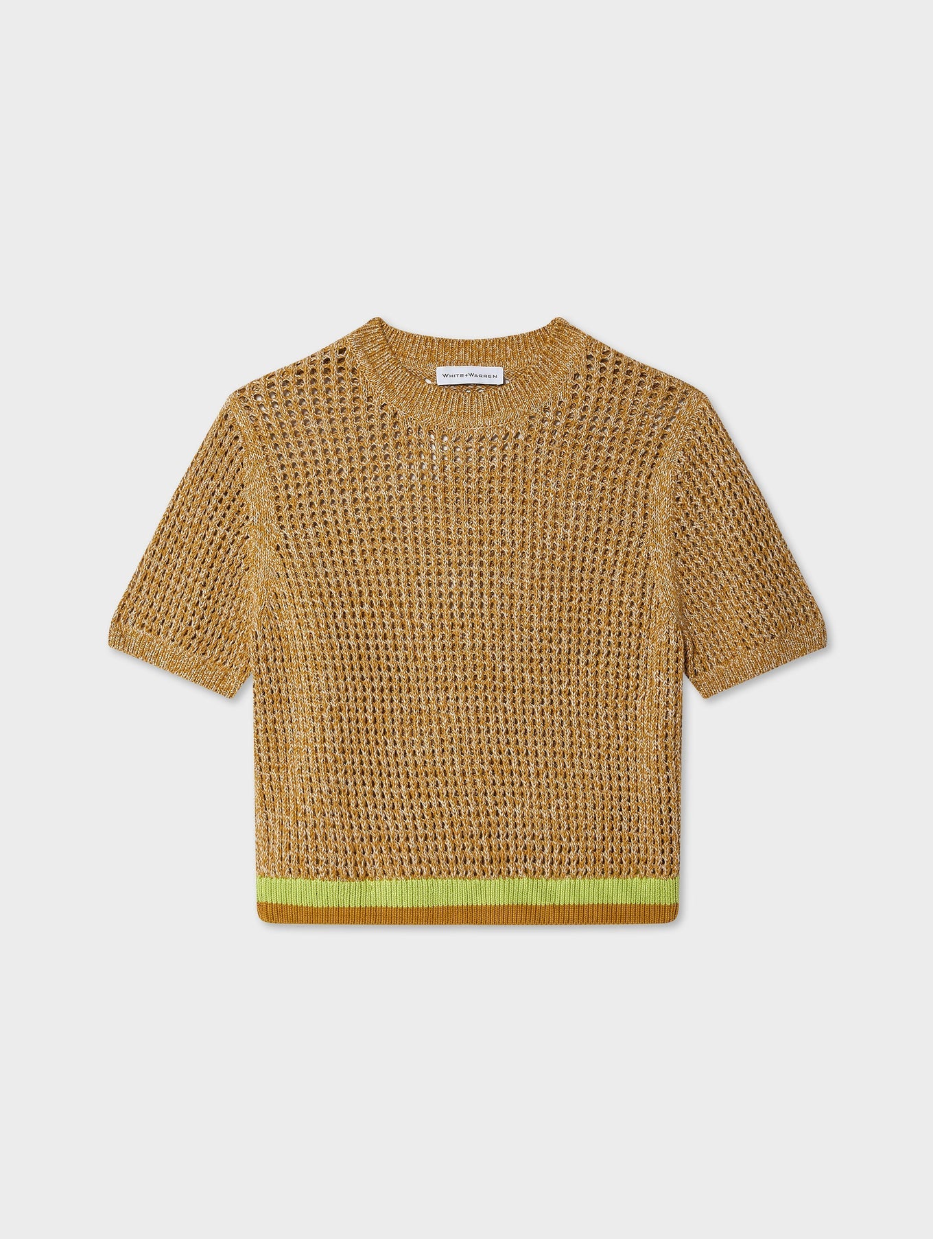 The White + Warren Organic Cotton Mesh Tshirt is a short-sleeve, cropped brown and yellow knit with a loose open-weave, contrasting yellow hem stripe, made from soft organic cotton and shown on a plain white background.