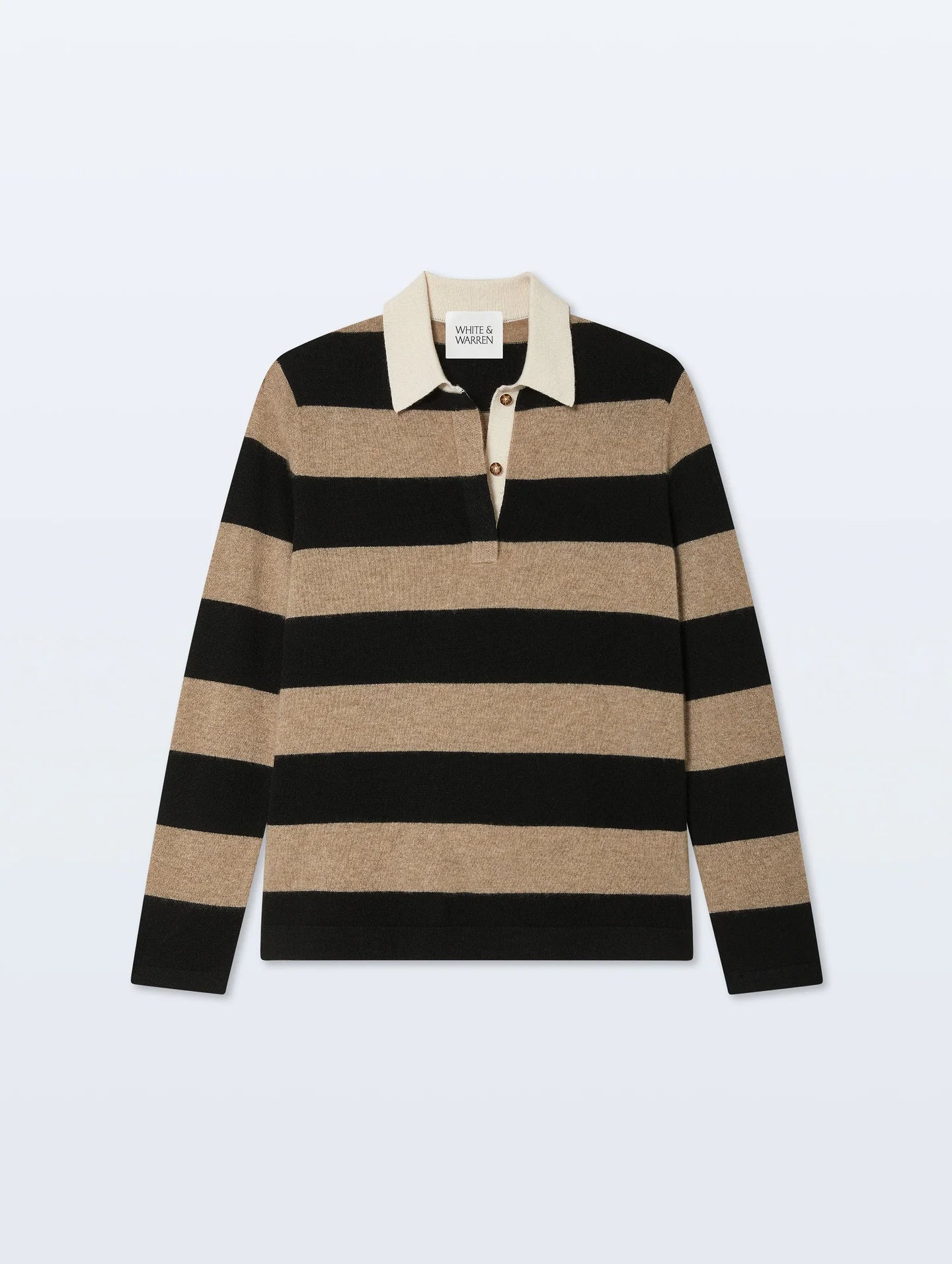 The White + Warren Cashmere Rugby Stripe Polo features wide black and tan stripes, a white collar, and a buttoned placket for classic, long-sleeve style and comfort.