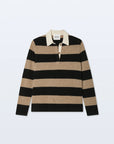 The White + Warren Cashmere Rugby Stripe Polo features wide black and tan stripes, a white collar, and a buttoned placket for classic, long-sleeve style and comfort.