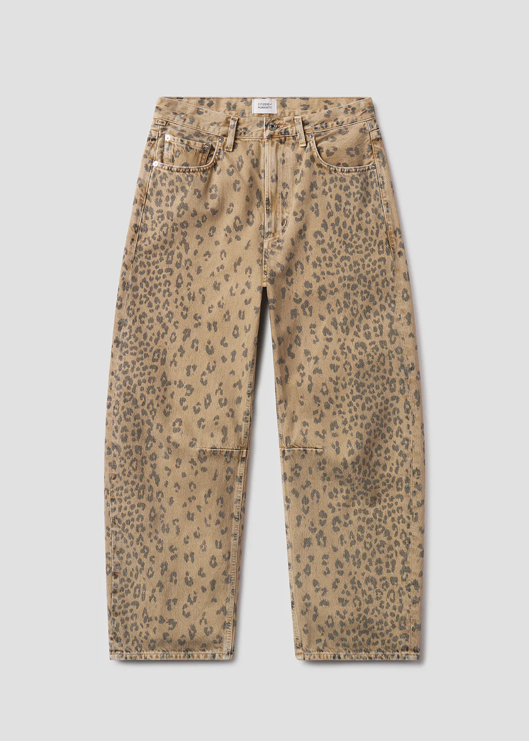 The Miro jeans by Citizens Of Humanity/AGOLDE feature a barrel leg silhouette in tan with a brown and black leopard print, front and back pockets, belt loops, and button fly, shown on a plain light grey background.