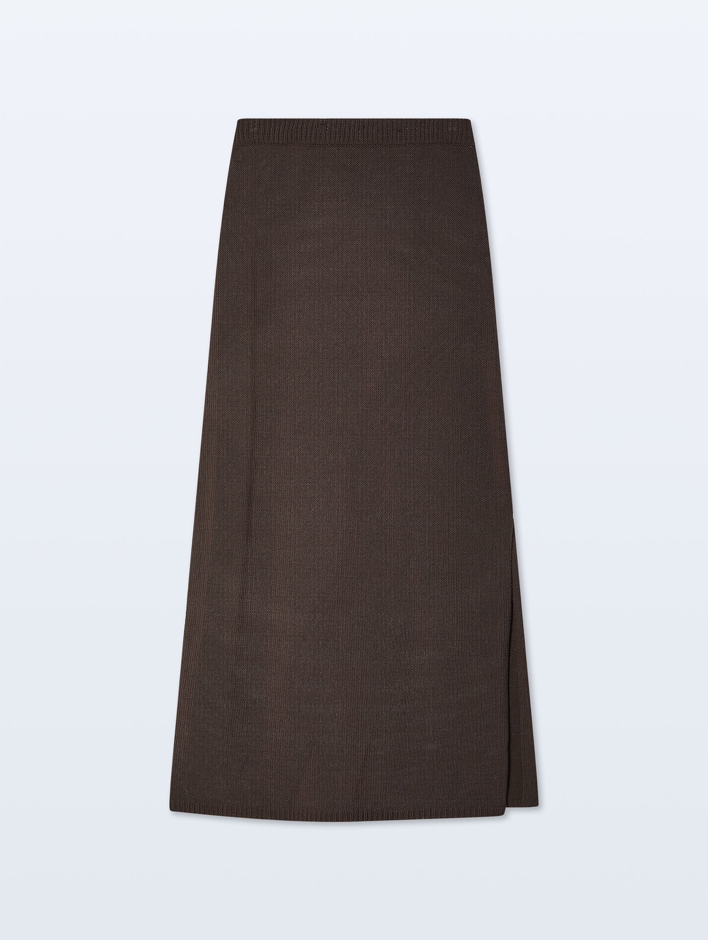 The Luxe Cotton Skirt by White + Warren is a long, dark brown Italian cotton skirt with a straight cut, simple design, and subtle side slit, shown against a light gray background.