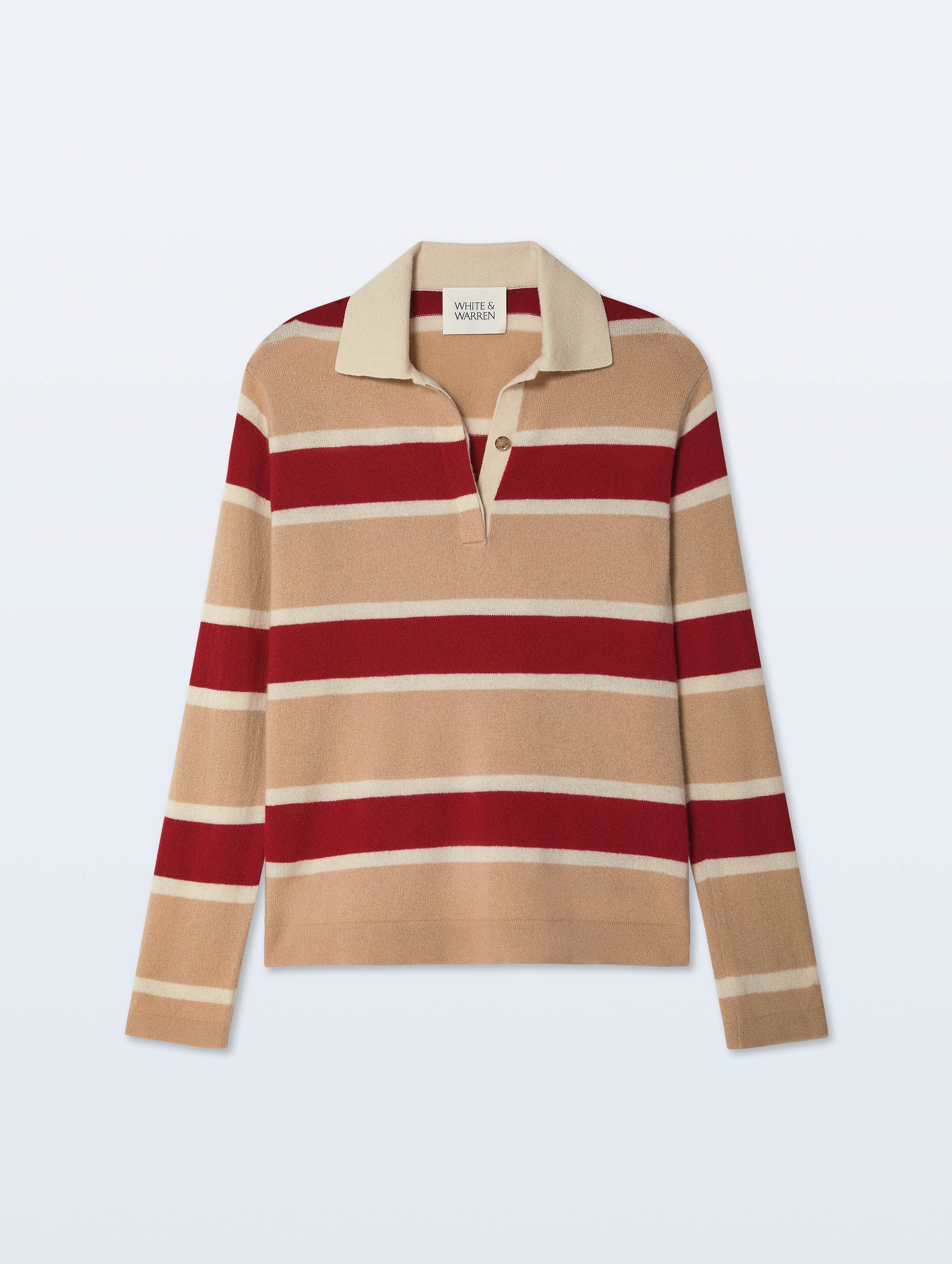 Camel and cream cashmere rugby stripe polo with contrast collar by White + Warren, flat laid on white background.