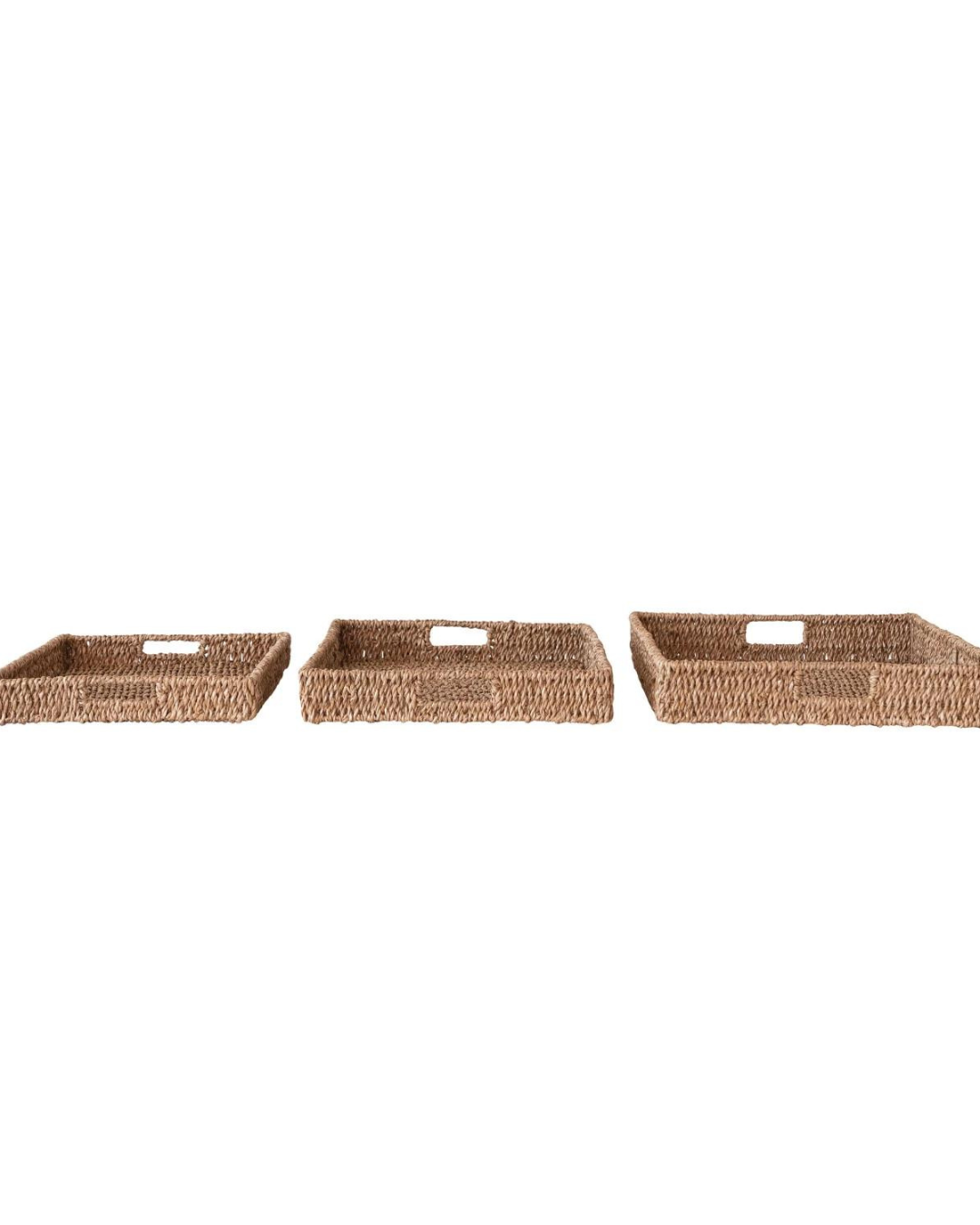 Three Creative Co-op Hand-Woven Bankuan Trays with handles, arranged side by side on a plain white background. Each tray is identical in size and design, featuring a woven texture and a natural brown color—perfect for adding farmhouse decor to any space.