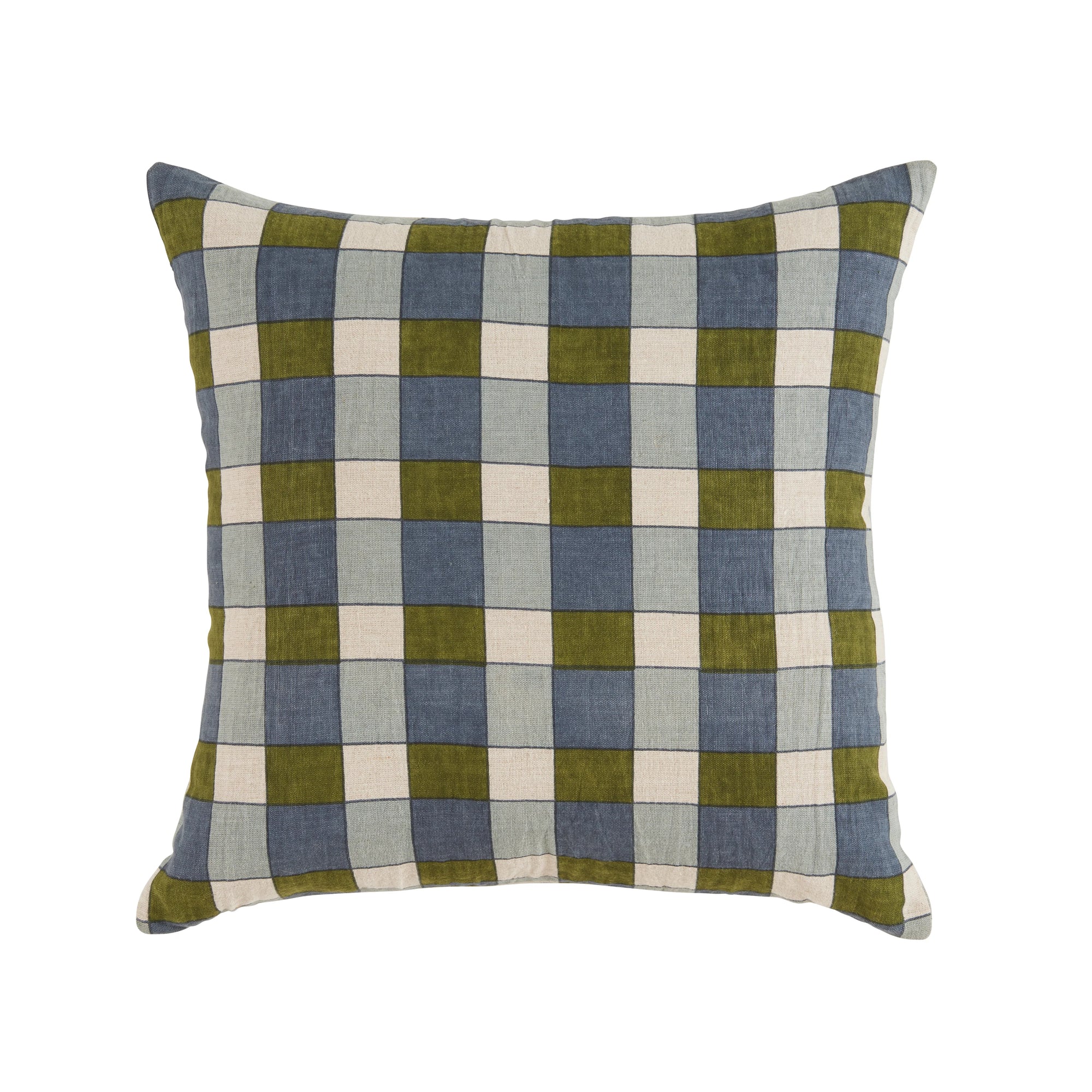 The Ezra Pillow by Liam & Lana features a blue, olive green, and off-white checkered design on soft textured linen, adding a cozy touch to any space. Shown here against a white background.