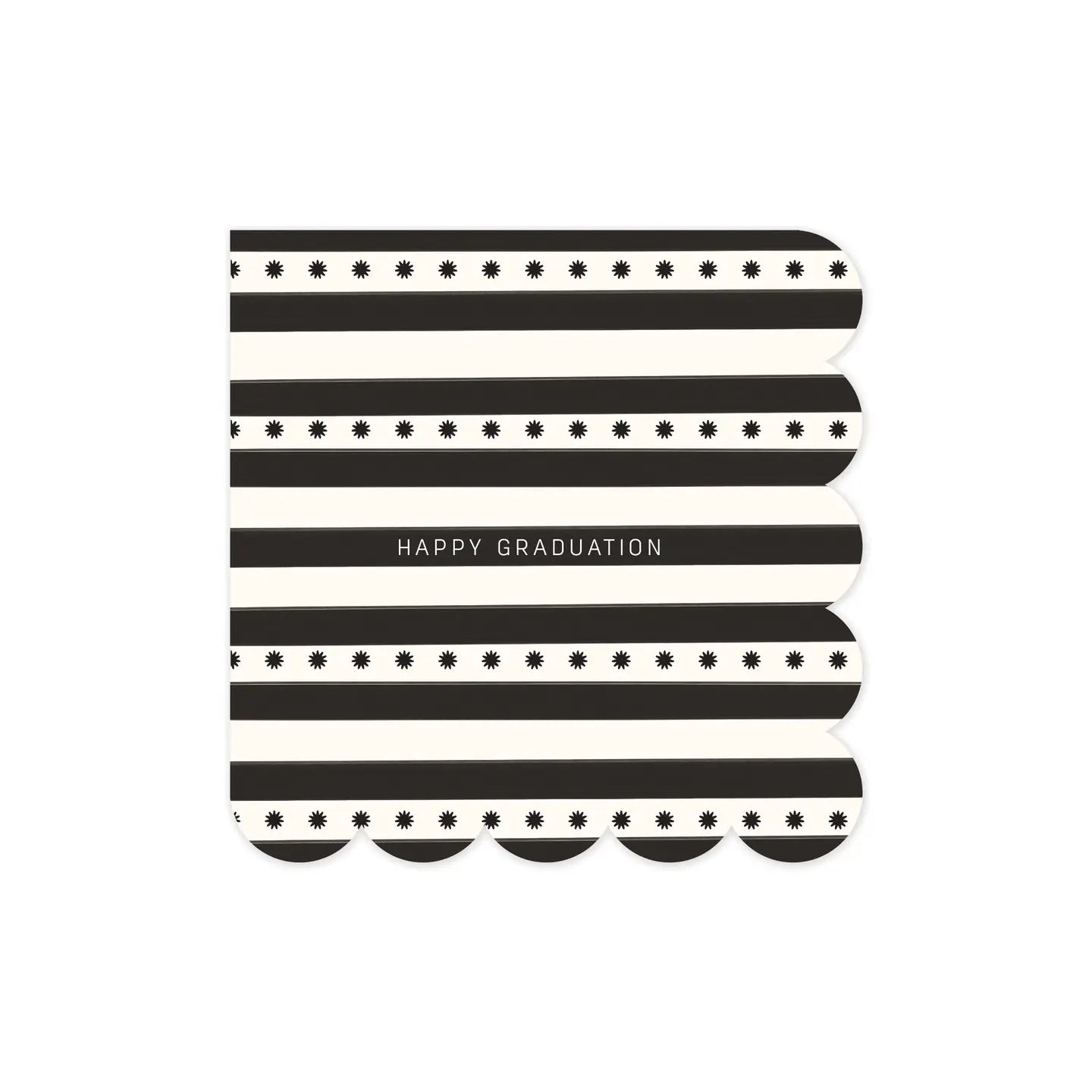 The My Mind's Eye Cocktail Paper Napkin features black and white stripes, starbursts, scalloped edges, and "HAPPY GRADUATION" in the center—ideal for summer barbeques or graduation parties.