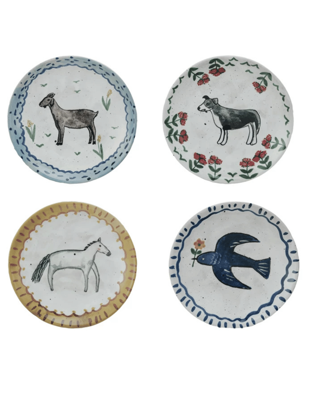 Creative Co-op's Hand-Painted Stoneware Plates come in four rustic designs: a goat, cow with flowers, horse, and blue bird with flower. Each multi-color plate features an artistic border and vibrant animal imagery that adds to its unique charm.