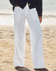 A person stands on a sandy beach with ocean waves in the background, wearing Frank & Eileen’s Limerick Carpenter Pant. Only their lower half is visible, paired with sandals and a dark sweater.