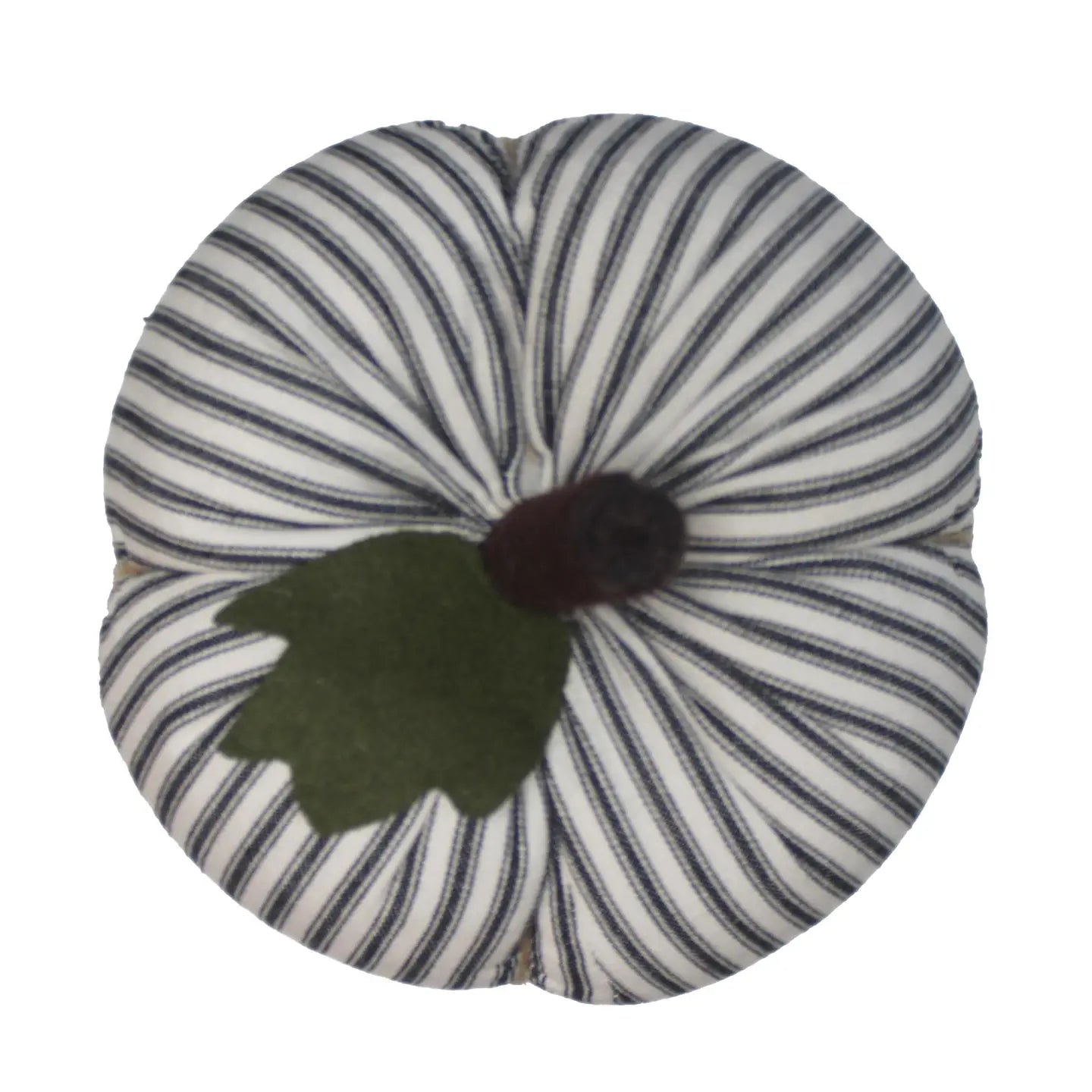 The Faire Pumpkin features black and white vertical stripes, a green felt leaf, and brown stem—a charming farmhouse accent or autumn ornament, shown from above on a white background.