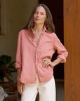 Frank & Eileen Eileen 26 pink shirt and white pants styled with relaxed California flair.