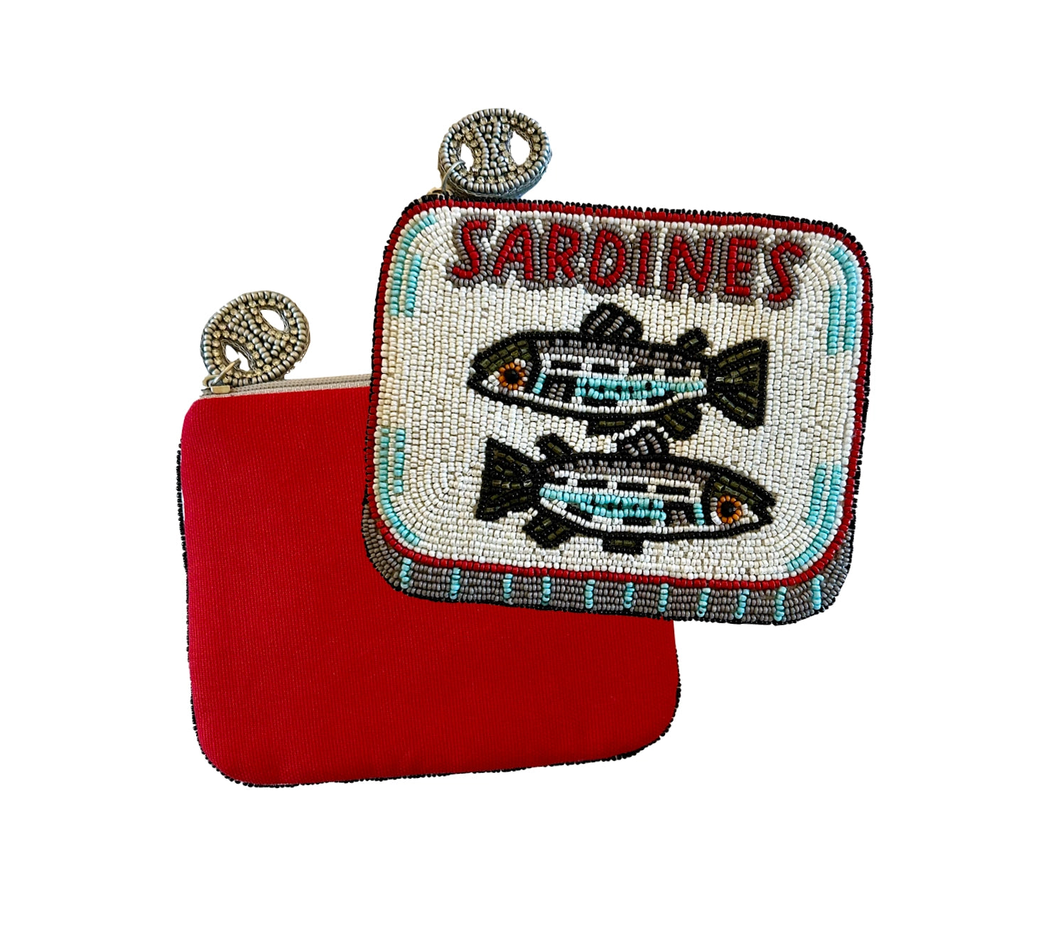The image shows two small coin purses by Faire: one plain red, and the "Beaded Sardine Tin Coin Purse" featuring handmade beading of two sardines with “SARDINES” above. Both have circular jeweled clasps for extra charm.