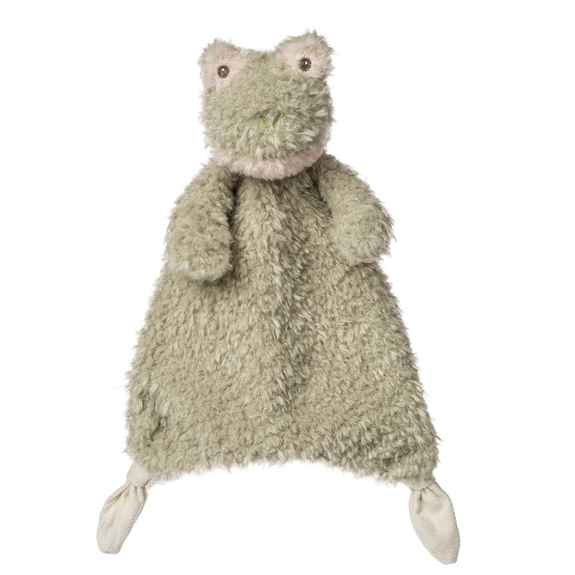 Mary Meyer Corp's Stuffed Animals: a soft green plush frog security blanket with textured fabric, small limbs, and a wide head with stitched eyes and mouth—perfect for plush toy and stuffed animal lovers.