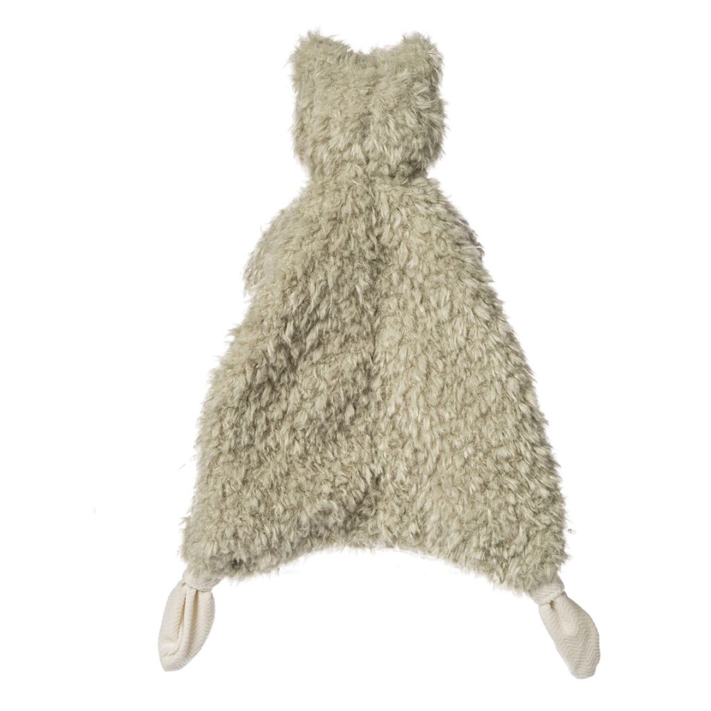 The Mary Meyer Corp Stuffed Animals is a soft, grayish-green baby lovey blanket with two knotted corners like paws—perfect for snuggling.