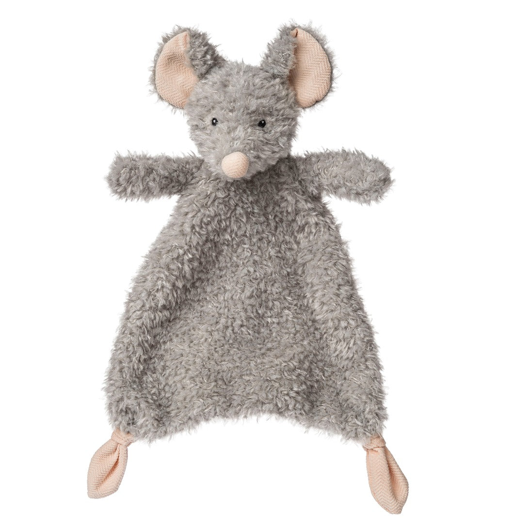 Mary Meyer Corp’s Stuffed Animals: a soft, gray plush mouse with large pink ears, a round nose, outstretched arms, and knotted corners—a charming snuggle companion for plush toy lovers.