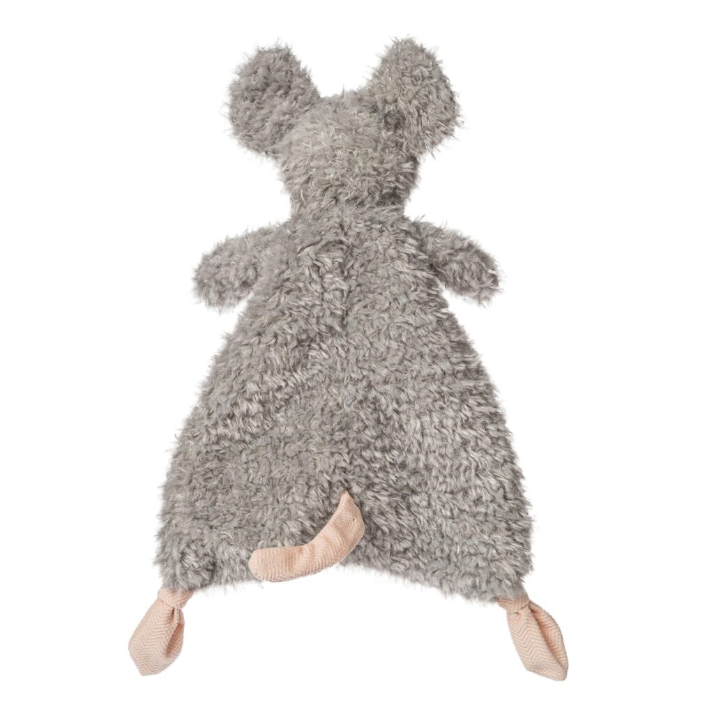 The Mary Meyer Corp Stuffed Animals plush mouse features soft gray fabric, large round ears, a small tail, and beige feet—making it an ideal snuggle companion for stuffed animal lovers. Shown lying flat on a white background.