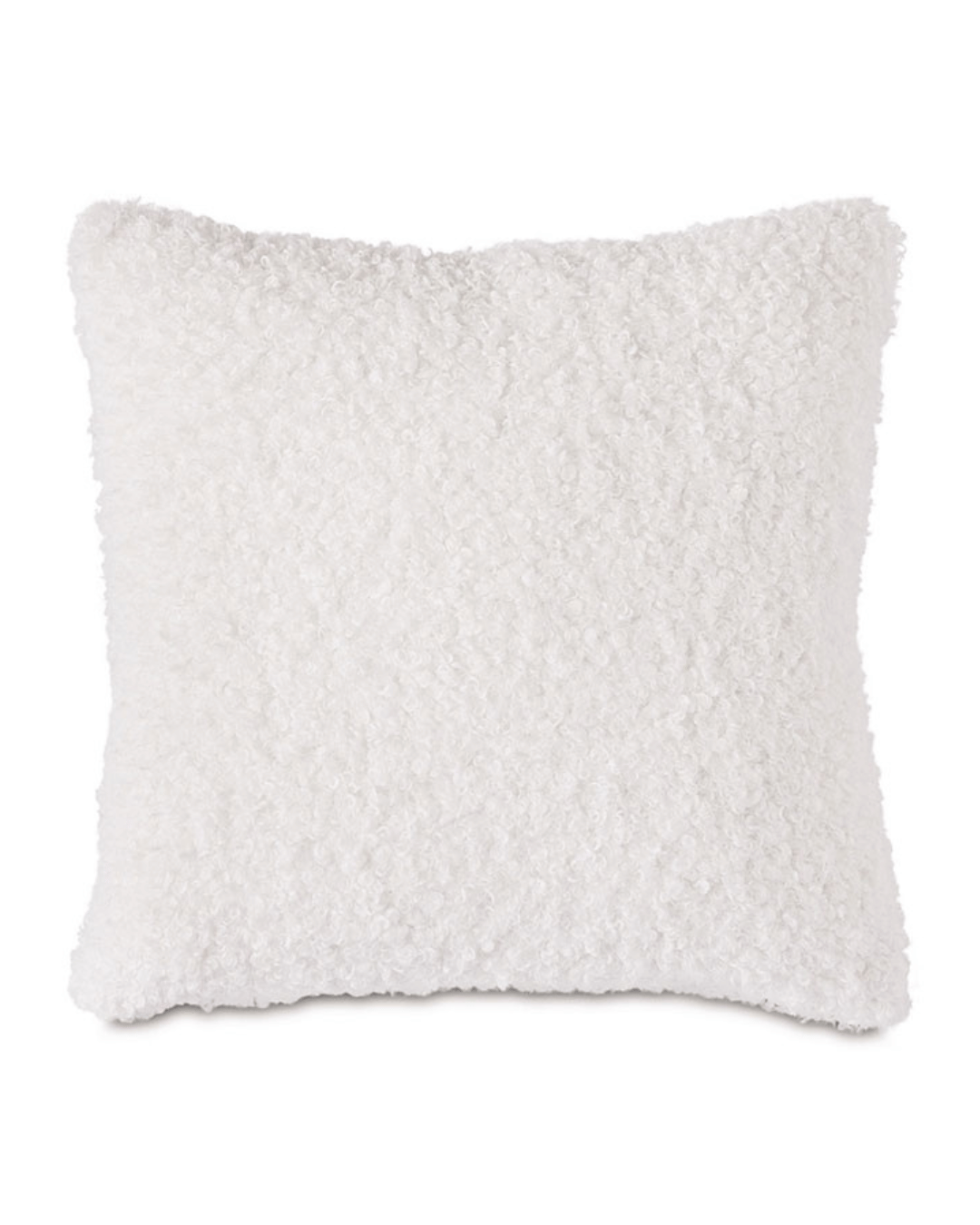 Introducing the Poodle Pillow 27x27 by Eastern Accents, a square, fluffy white throw pillow crafted from poodle-inspired faux fur with a textured, soft exterior. The surface looks plush and cozy, making it perfect for decorative purposes or comfort. With a hidden zipper closure, the image features a plain white background that highlights the pillow's fuzzy texture.